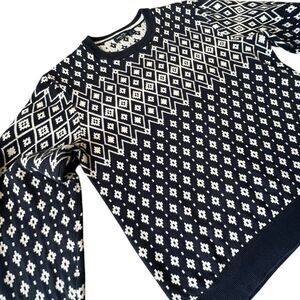 Nautica Men’s XL 100% Cotton Fair Isle Sweater Black White Geometric Crewneck